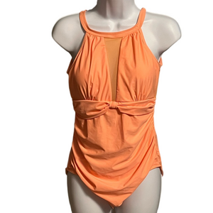 I2 Crazy Vibrant Orange One-Piece Swimsuit Ruched High Neck Summer Beach Vaca